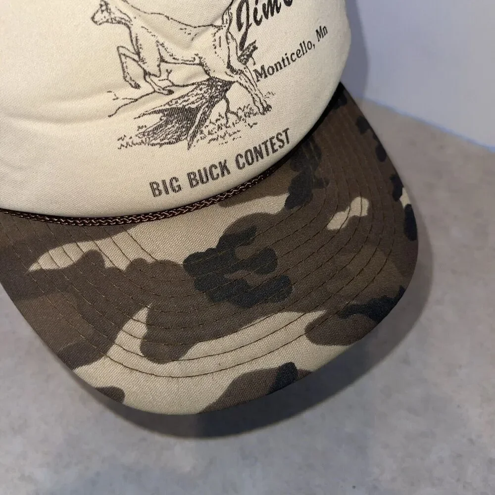 Vtg Deer hunting camo hat Men Snapback Lenny Jim’s Big Buck Contest Cap San Sun